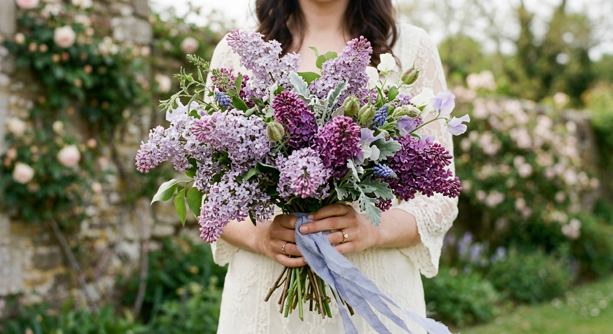 A hand-tied wedding bouquet of purple lilacs, sweet peas, and grape hyacinths held by a bride in a lace dress.