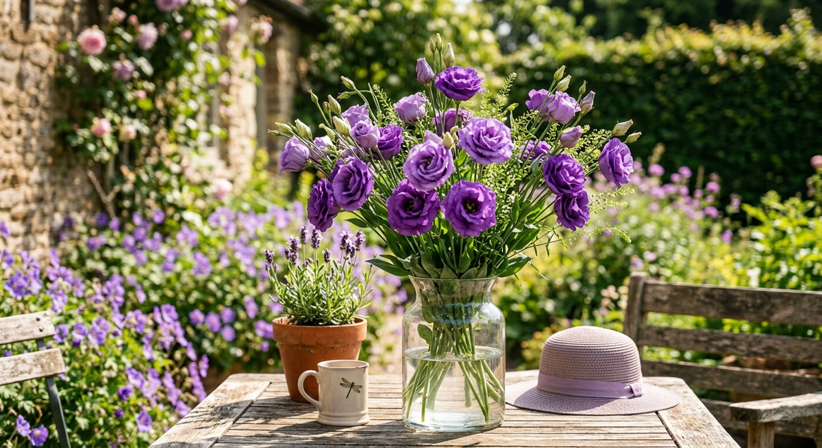 A vibrant bouquet of deep purple lisianthus flowers in a clear glass vase, set on a rustic wooden table in a sun-drenched cottage garden.
