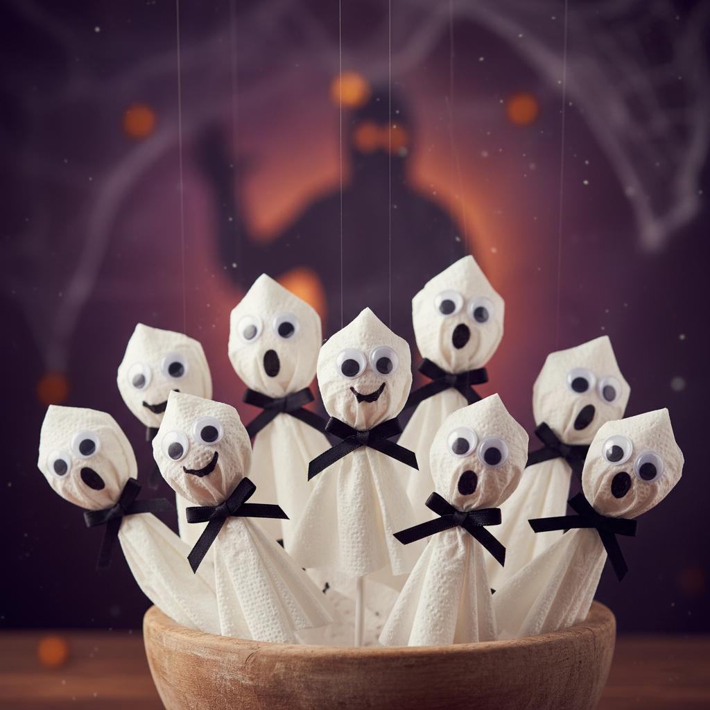 A cluster of small, charming DIY ghosts made from round lollipops covered in white tissue paper, tied with black and orange ribbons, and given faces with black marker, sitting in a bowl on a dark Halloween tabl
