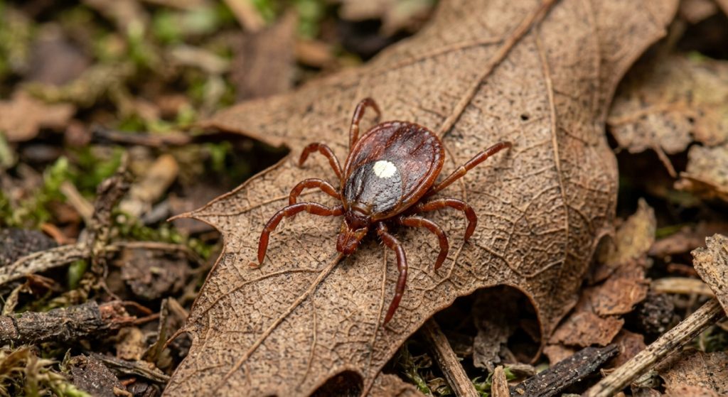 A detailed close-up photograph of an adult female Lone Star tick crawling on a dry, brown oak leaf. The tick is dark brown with reddish-brown legs, and a prominent, single silvery-white spot is visible in the center of its scutum. It has eight legs and mouthparts protruding forward. The leaf's veins are clearly visible beneath the tick, and the background shows blurred forest floor elements like moss and twigs.