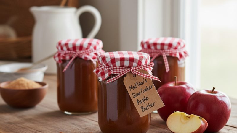 Jars of homemade golden-brown apple butter with gingham lids, fresh red apples, and the slow cooker they were made in, sitting on a rustic farmhouse counter. A person in the background spreads apple butter on toast.
