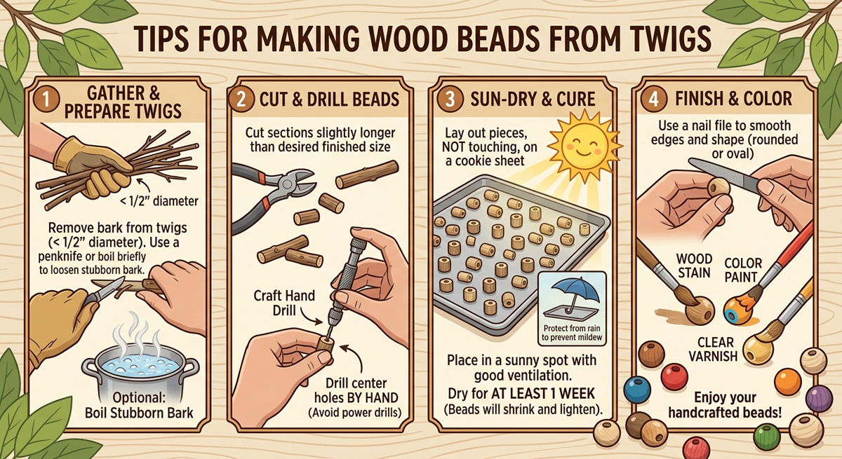 "A four-panel infographic titled 'TIPS FOR MAKING WOOD BEADS FROM TWIGS' in a friendly cartoon style, with decorative wood grain and leaf elements. The four panels are arranged horizontally and outlined.

Panel 1, '1. GATHER & PREPARE TWIGS', has a top illustration of gloved hands holding a bundle of twigs with a label '< 1/2' diameter'. The text below reads: 'Remove bark from twigs (< 1/2' diameter). Use a penknife or boil briefly to loosen stubborn bark.' Bottom illustrations show hands with a penknife scraping a twig, and a boiling pot with text 'Optional: Boil Stubborn Bark'.

Panel 2, '2. CUT & DRILL BEADS', has an illustration of a hand with pliers cutting a twig with text: 'Cut sections slightly longer than desired finished size'. Below, illustrations of cut sections, and hands using a 'Craft Hand Drill' to drill a bead with text: 'Drill center holes BY HAND (Avoid power drills)'.

Panel 3, '3. SUN-DRY & CURE', has an illustration of a cookie sheet covered with many small cut bead pieces. Above are a smiling cartoon sun and text: 'Lay out pieces, NOT touching, on a cookie sheet'. A smaller inset shows a tray with an umbrella and text: 'Protect from rain to prevent mildew'. Text below: 'Place in a sunny spot with good ventilation. Dry for AT LEAST 1 WEEK (Beads will shrink and lighten)'.

Panel 4, '4. FINISH & COLOR', has an illustration of hands using a metal nail file on a bead with text: 'Use a nail file to smooth edges and shape (rounded or oval)'. Below are three paint brushes, each applying a finish to a bead, labeled: 'WOOD STAIN', 'COLOR PAINT', and 'CLEAR VARNISH'. A scattering of finished beads in various natural wood tones and bright colors (blue, red, orange, green, brown) is at the bottom, with text: 'Enjoy your handcrafted beads!'

The background is a light wood plank pattern.