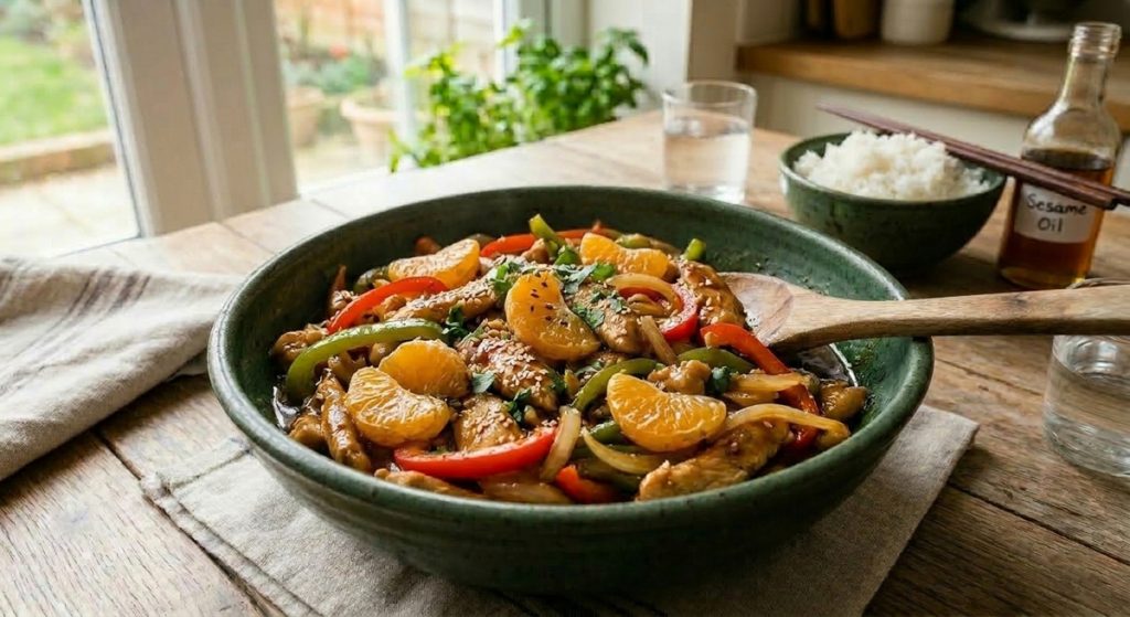 Mandarin Chicken Stir-Fry in Dark Green Stoneware A close-up, eye-level shot of Mandarin Chicken Stir-Fry served in a large, dark forest green stoneware bowl. The dish features browned chicken strips, sliced red and green bell peppers, and translucent onions coated in a glossy brown sauce. Bright orange mandarin segments are scattered throughout, and the dish is topped with a sprinkle of sesame seeds and fresh herbs. A wooden spoon rests inside the bowl. In the background, a small bowl of white rice with chopsticks and a bottle of sesame oil sit on a rustic wooden table by a bright window.