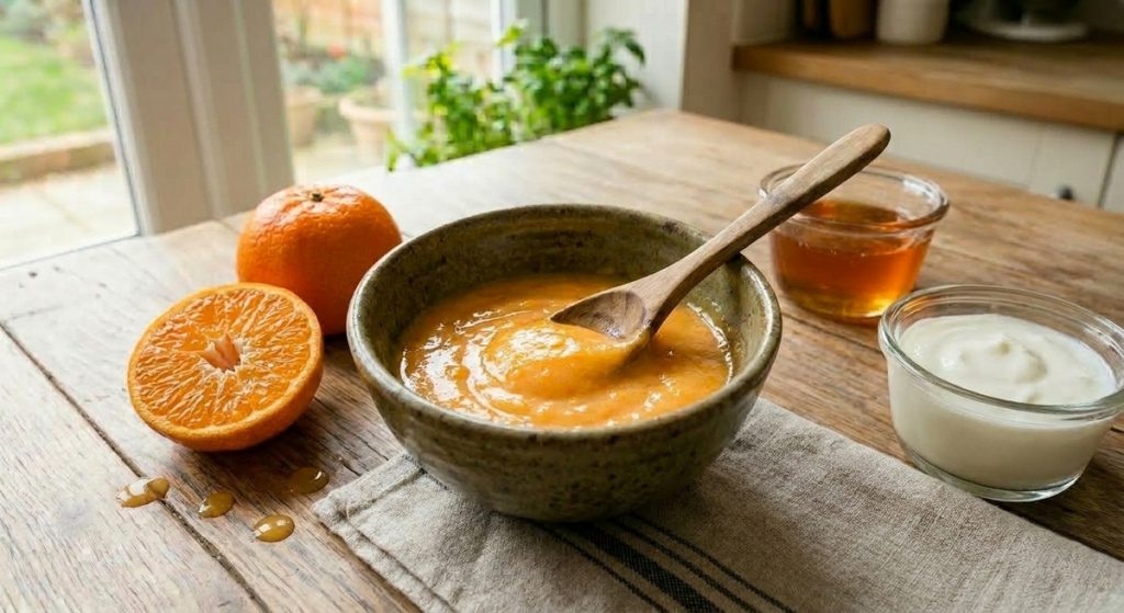 DIY Mandarin Face Mask A close-up, high-angle shot on a rustic wooden table in a sunlit kitchen. Central is a rustic, speckled stoneware bowl filled with a thick, orange-colored face mask mixture, which a wooden spoon is actively stirring. To the left are a halved mandarin orange showing its cross-section and a whole mandarin. To the right are a glass bowl containing golden honey and a separate glass bowl containing thick, white yogurt. A beige linen napkin with stripes sits underneath the main bowl. Water droplets are visible on the wood. The background shows a window with potted plants and a kitchen counter, softly blurred.