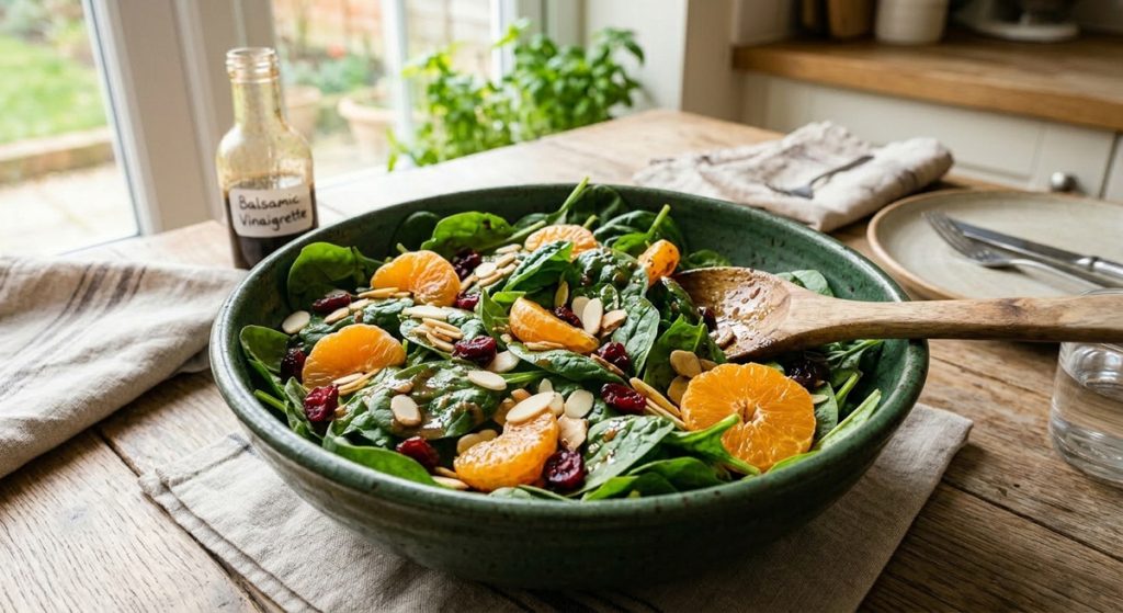 Mandarin and Spinach Salad A high-angle, close-up shot of a Mandarin and Spinach Salad in a large, dark forest green stoneware bowl. The salad consists of bright orange mandarin slices, green spinach leaves, silvered almonds, and dark red dried cranberries, all lightly drizzled with balsamic vinaigrette. A wooden serving spoon rests in the bowl. In the background, a bottle of balsamic vinaigrette and a linen napkin sit on a rustic wooden dining table near a window.