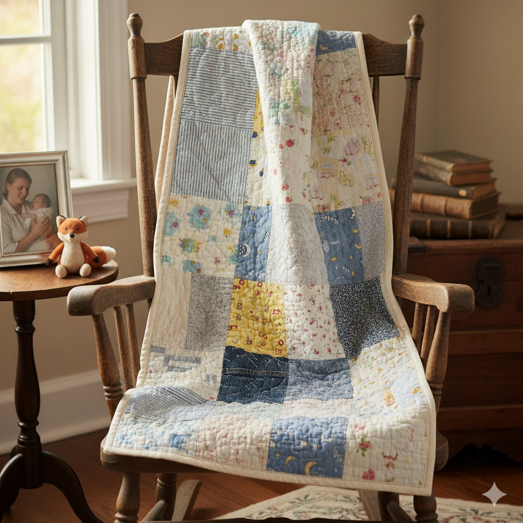 A colorful memory quilt, made from various patterned fabric squares, draped over a wooden rocking chair. A framed photo of a mother holding a baby and a small fox toy are on a nearby wooden side table.