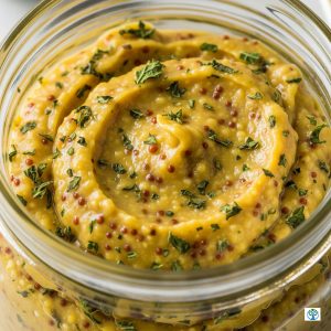 Close-up of a jar of coarse wholegrain mustard with finely blended mint leaves, showing a smooth top surface.