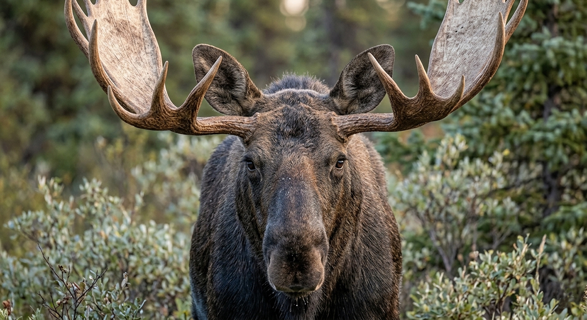 A close-up portrait of a powerful male bull moose with massive palmate antlers, looking directly at the camera in a lush boreal forest.