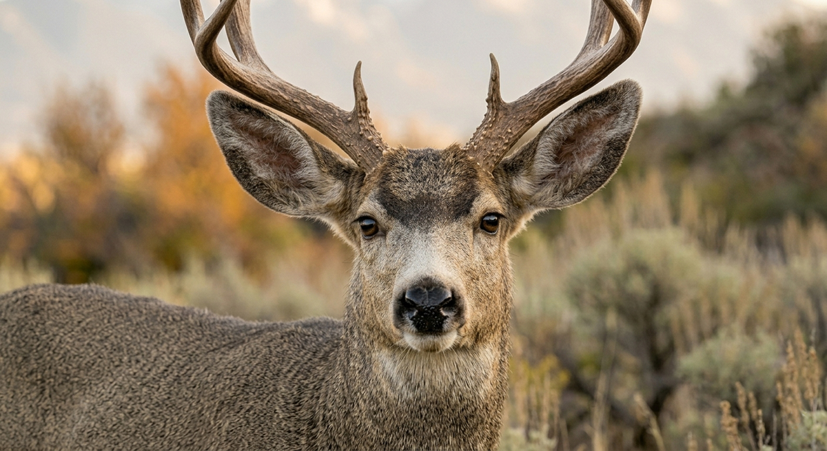 A close-up wildlife photograph of a massive male Mule Deer buck (Odocoileus hemionus) looking directly at the camera with large dark eyes, prominent ears, and a full spread of branching antlers, set against a soft, golden autumn mountain background.