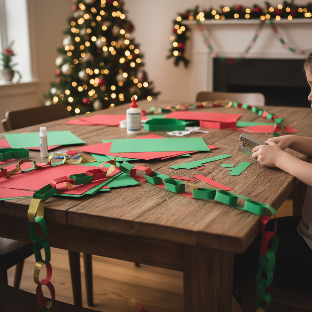 A string of classic handmade Christmas paper chains, made from interlocking red and green construction paper rings, draped as a simple and festive decoration around a Christmas tree or wall.