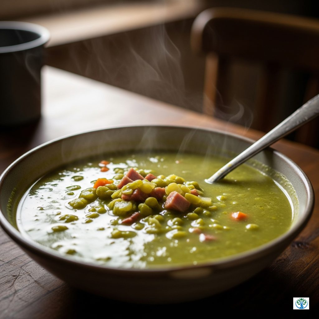 A close-up of a steaming bowl of green split pea soup with bits of ham and vegetables, on a dark wooden table.