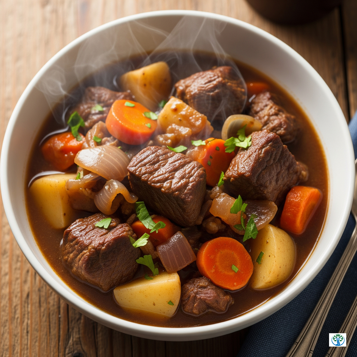A close-up of a rich, steaming beef stew with tender meat, carrots, and potatoes in a rustic bowl.