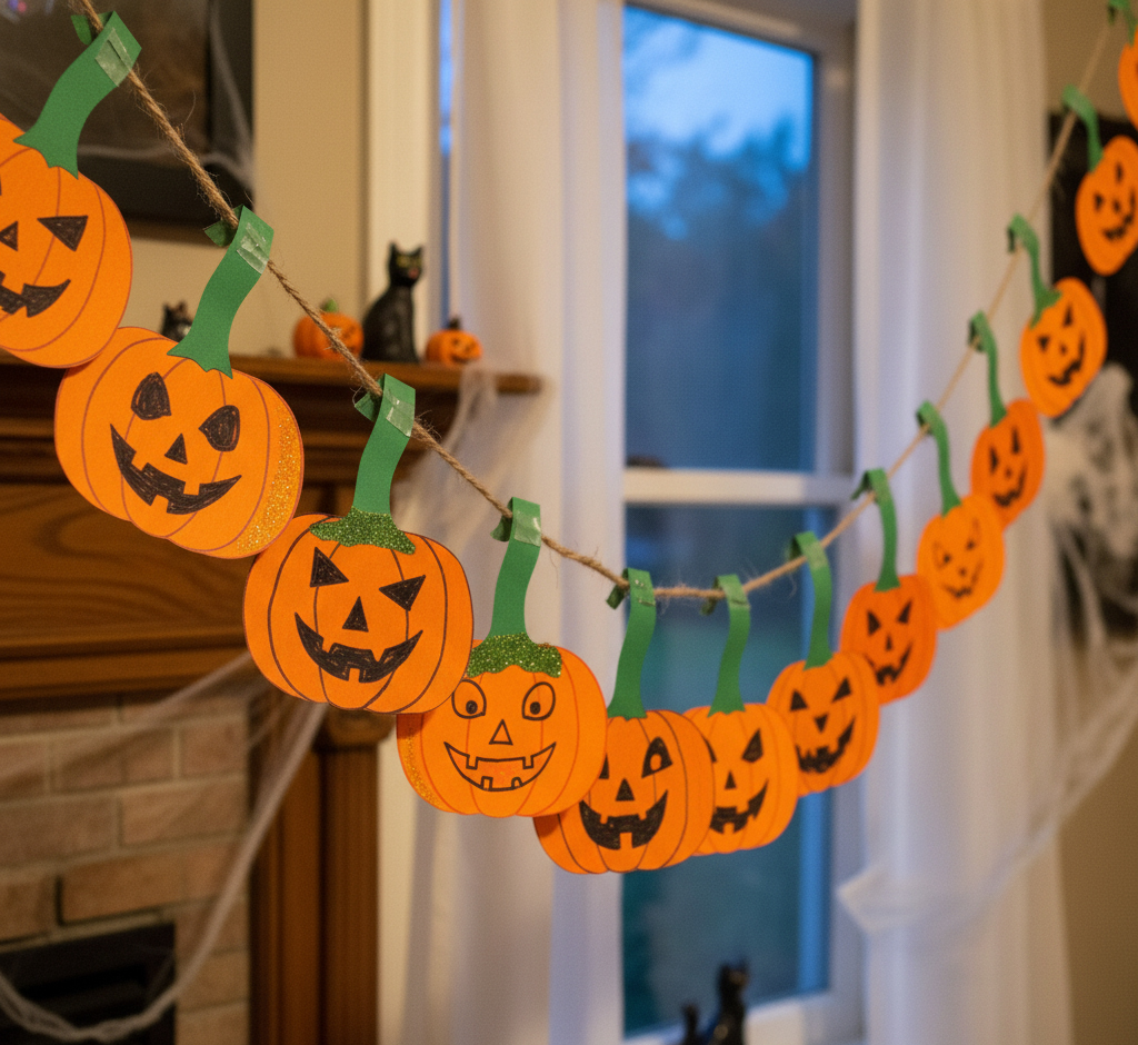A homemade Halloween garland featuring numerous orange paper jack-o'-lanterns, each with a unique hand-drawn face, strung together by their folded green stems onto a twine string, draped across a mantlepiece and window in a room decorated for Halloween.