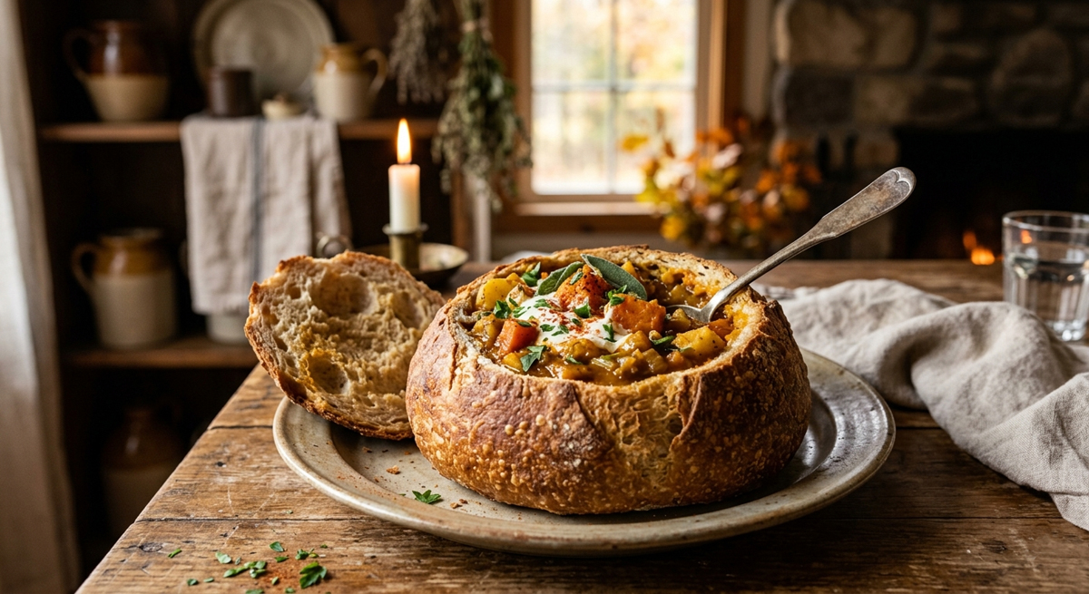 A wide-angle, cinematic shot of a hearty, chunky pumpkin and vegetable stew served inside a hollowed-out, crusty artisan bread bowl. The setting is a rustic wooden table in a dimly lit, cozy cabin with a soft-focus fireplace and candlelight in the background.