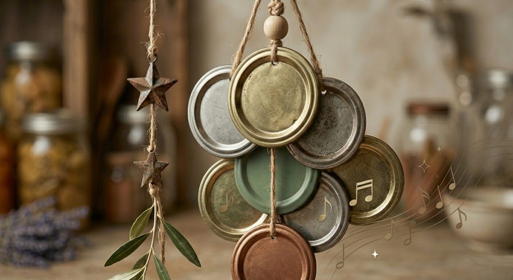 A close-up, realistic photo of a handmade wind chime crafted from repurposed canning lids. The lids are painted in rustic shades of gold, silver, sage green, and copper, hanging at slightly different levels so they overlap. They are strung together with simple twine, accented by a small wooden bead at the top. In the background, a warm and cozy kitchen setting is softly blurred, featuring mason jars filled with preserved fruits and dried herbs. A few decorative musical notes and stars are subtly overlaid to suggest a gentle, clinking sound.