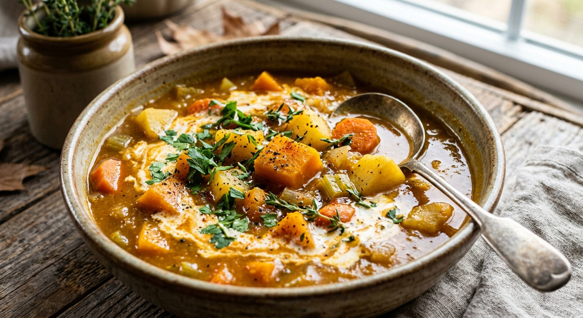 A top-down, close-up shot of a ceramic bowl filled with a chunky pumpkin stew. Large, tender cubes of orange pumpkin, sliced carrots, and golden potatoes sit in a rich, savory broth. A swirl of white cream, fresh green parsley, and sprigs of thyme garnish the top. An antique silver spoon rests in the bowl on a rustic wooden table.