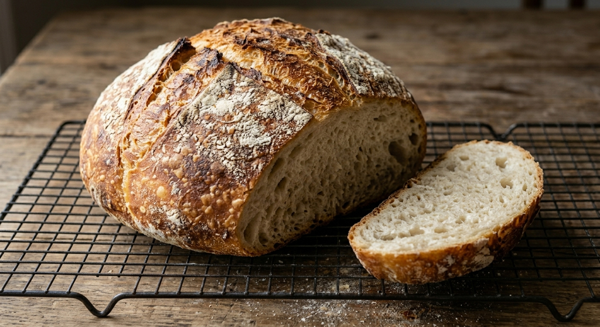 A close-up, detailed shot of a round artisan bread loaf sitting on a black wire cooling rack. The loaf has a deep golden, crackly crust with a light dusting of flour. A thick slice has been cut away, revealing a soft, airy interior with a beautiful open crumb. The background is a weathered, rustic wooden table.