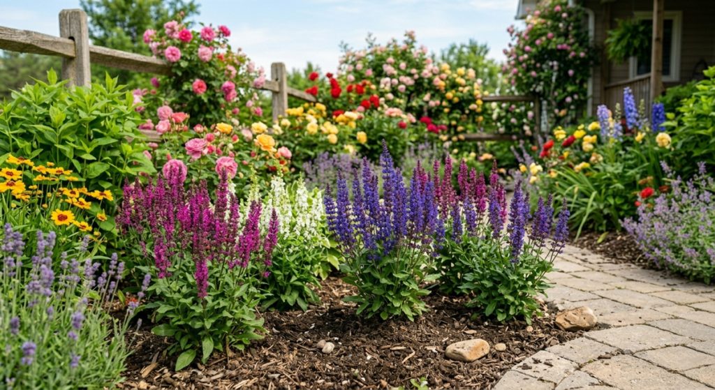 A vibrant garden scene featuring clusters of purple, magenta, and white salvia plants in the foreground, growing in dark, mulched soil. A winding stone-paved path curves alongside the flower beds. In the background, a rustic wooden fence borders a lush cottage garden filled with pink and yellow roses and various greenery under a clear, bright sky.