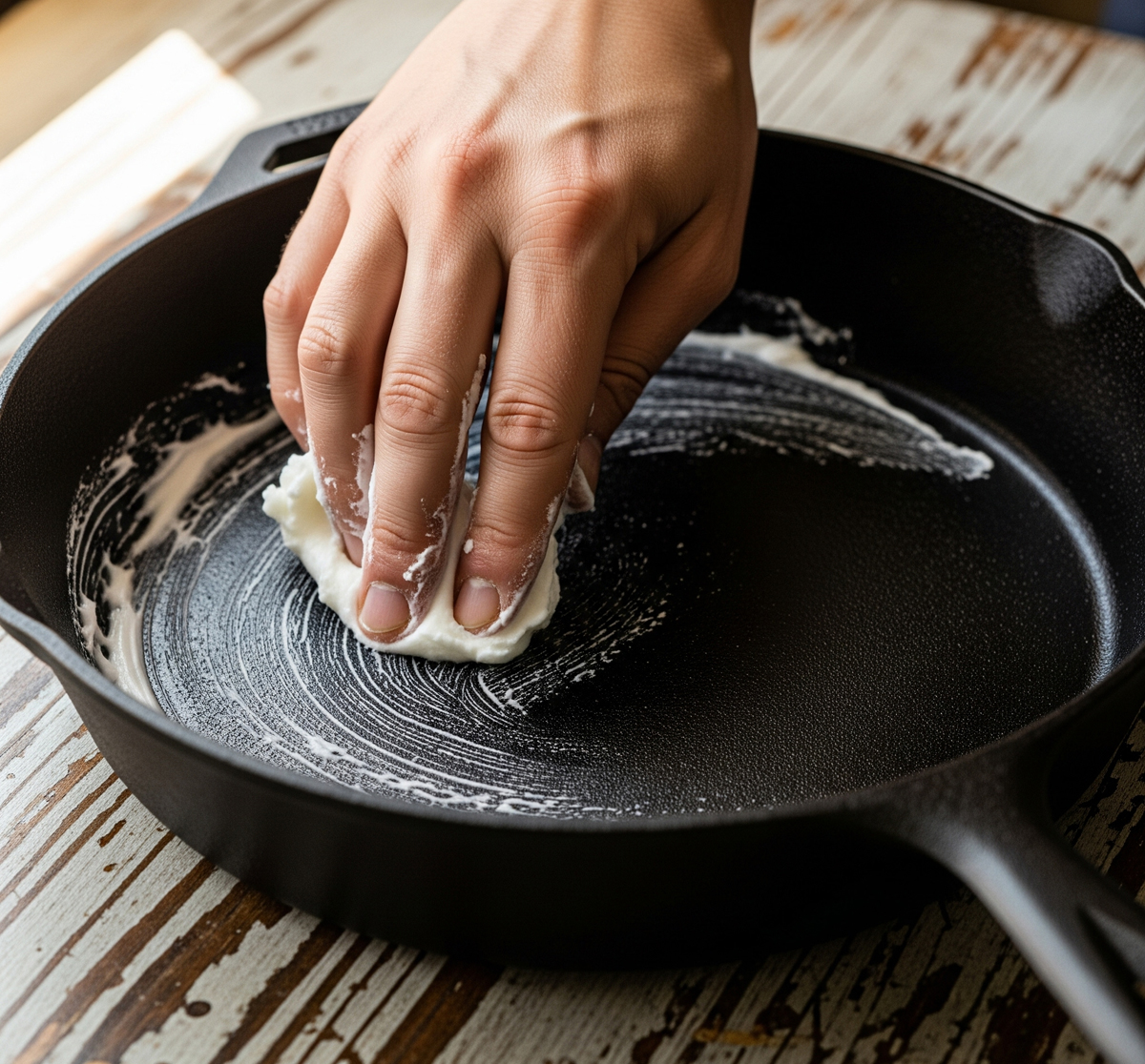 A rustic, close-up photograph of a hand rubbing a dark, well-seasoned cast iron skillet with a generous amount of white shortening. The skillet rests on a distressed wooden countertop. The scene is illuminated by warm, natural light.