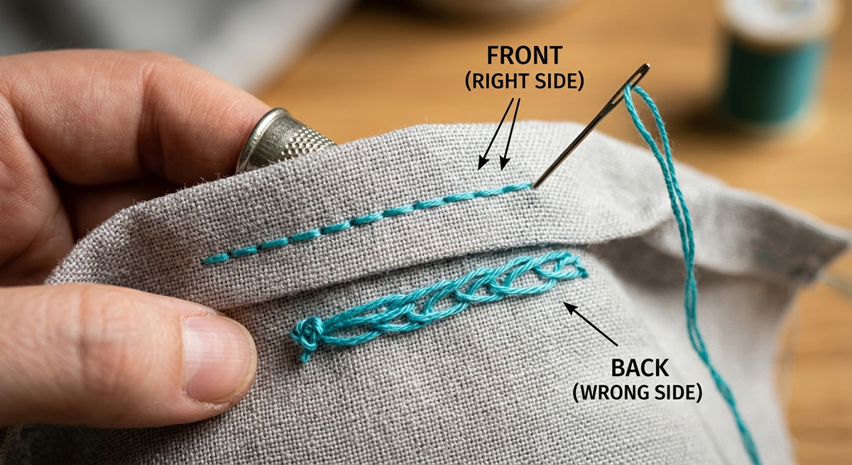 A close-up photograph showing a person's hand sewing a backstitch on grey linen fabric. The top section shows the "Front (Right Side)" with small, even, continuous stitches. Below it, the fabric is folded to show the "Back (Wrong Side)" where the stitches are twice as long and overlap. A needle with blue thread is shown finishing a stitch.