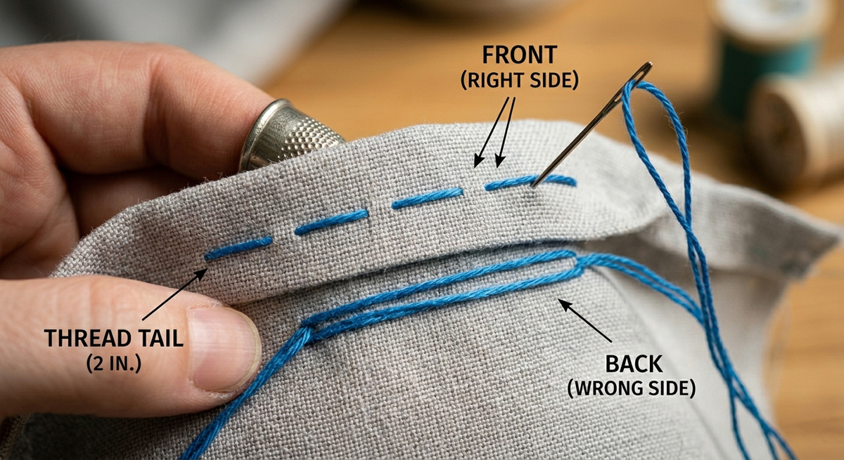 A close-up photograph of a hand sewing a basting stitch on grey fabric. The "Front (Right Side)" shows long, straight blue stitches, each approximately one inch in length. The fabric is folded to reveal the "Back (Wrong Side)," highlighting a long "Thread Tail" left unknotted. A needle with blue thread is shown passing through the linen, demonstrating the loose, temporary nature of the stitch.