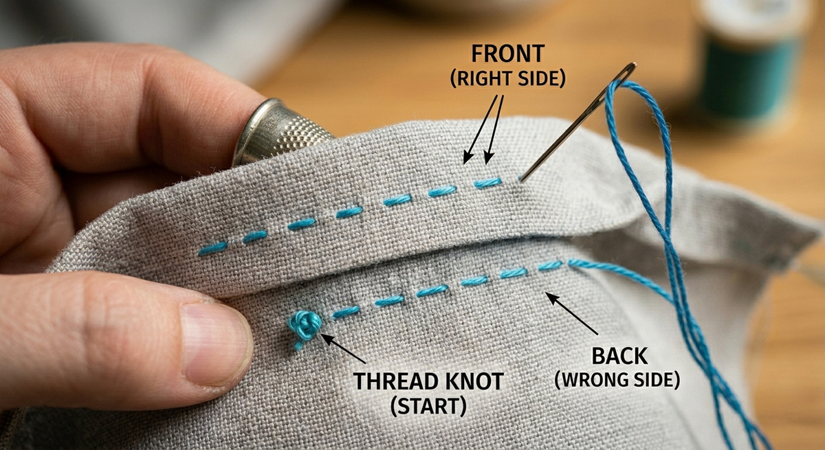 A close-up photograph showing a person's hands sewing a running stitch on grey linen fabric. The hand is wearing a thimble. Blue thread forms a row of small, even, dashed stitches labeled "Front (Right Side)". The fabric is folded to show the "Back (Wrong Side)", revealing identical dashed stitches and a distinct thread knot at the beginning of the line. A needle is shown completing the final stitch.