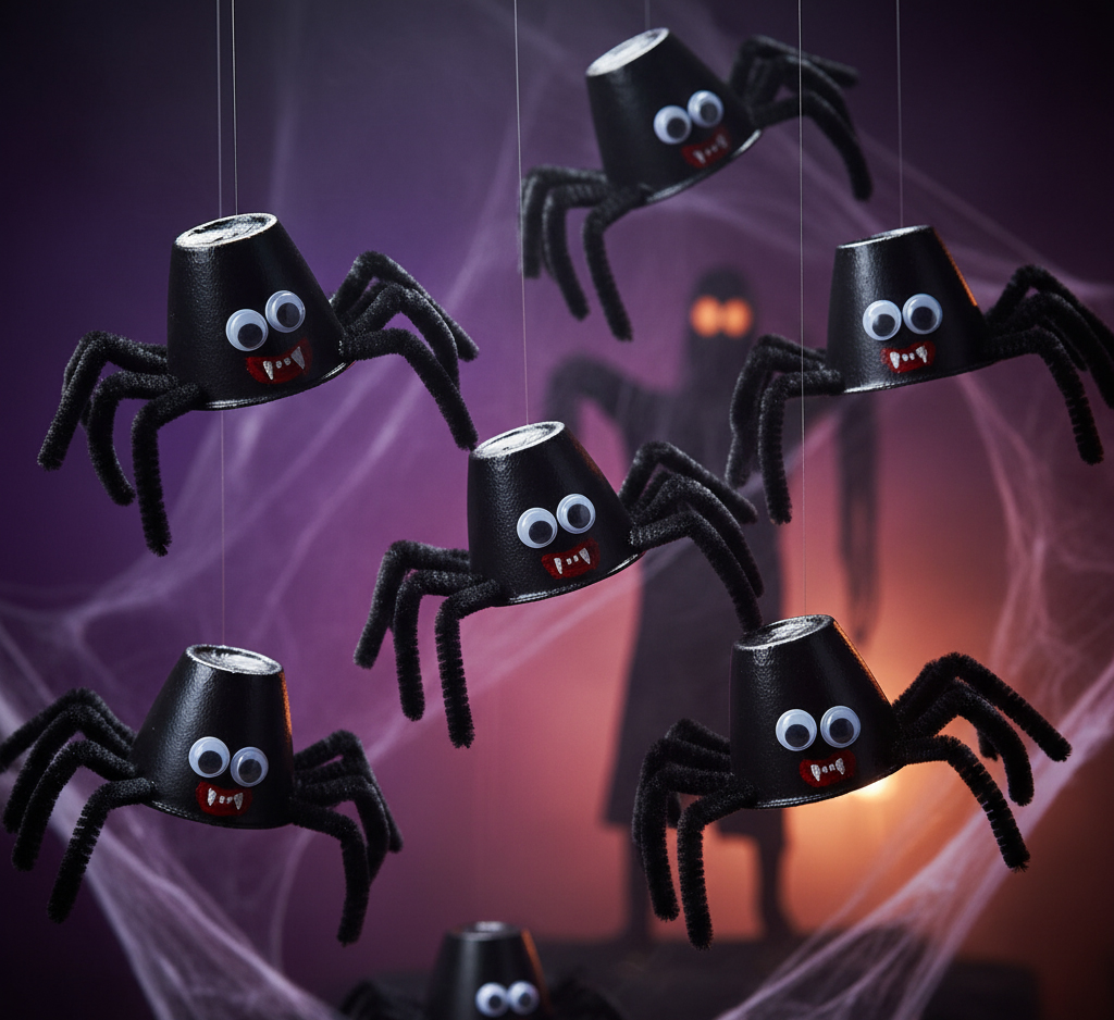 Several handmade black spiders, crafted from inverted egg carton cups, with pipe cleaner legs carefully bent to look realistic, sitting on a dark, rustic wooden surface with cobwebs.