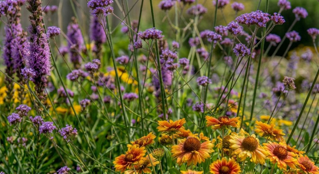 A naturalistic garden bed filled with various flowering perennials in full bloom. The foreground is anchored by a low-growing cluster of orange and yellow Blanket Flowers (Gaillardia) with dark brown centers. Emerging prominently behind them are many tall, thin, green stems topped with clusters of small, vivid purple-violet Verbena bonariensis flowers, which form an airy, textured cloud. To the left, several vertical spikes of densely packed purple Liatris flowers rise, providing a different flower form. Small patches of bright yellow flowers are interspersed throughout. The garden is well-established, with rich dark mulch visible. The background is a gently blurred natural landscape with more foliage and distant trees. The lighting is bright, natural daylight. The perspective is eye-level, focusing on the dense flower cluster.