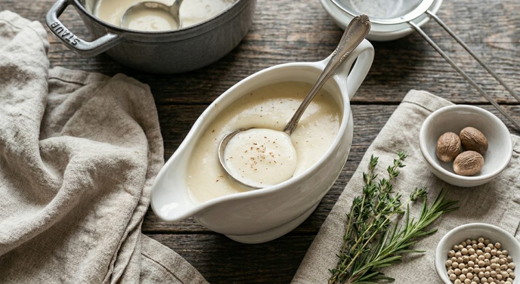 A top-down photograph on a rustic, dark wooden table features a rich, dark brown, velvety sauce in a glazed ceramic gravy boat. A small silver ladle is resting in the boat, holding a spoonful of the glossy sauce. Next to the boat are fresh sprigs of thyme and rosemary on a wrinkled linen napkin, and a small ceramic bowl of white peppercorns. In the background, there is a cast-iron pot with a small amount of sauce and a wire mesh strainer. The natural light highlights the textures of the sauce, herbs, and wood.