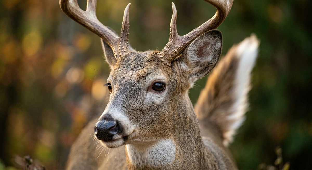 Close-up profile of a male white-tailed deer (buck) in a forest, showing its antlers, dark eyes, and the distinct white patch on its throat against a soft-focus background of autumn foliage and a raised white tail.