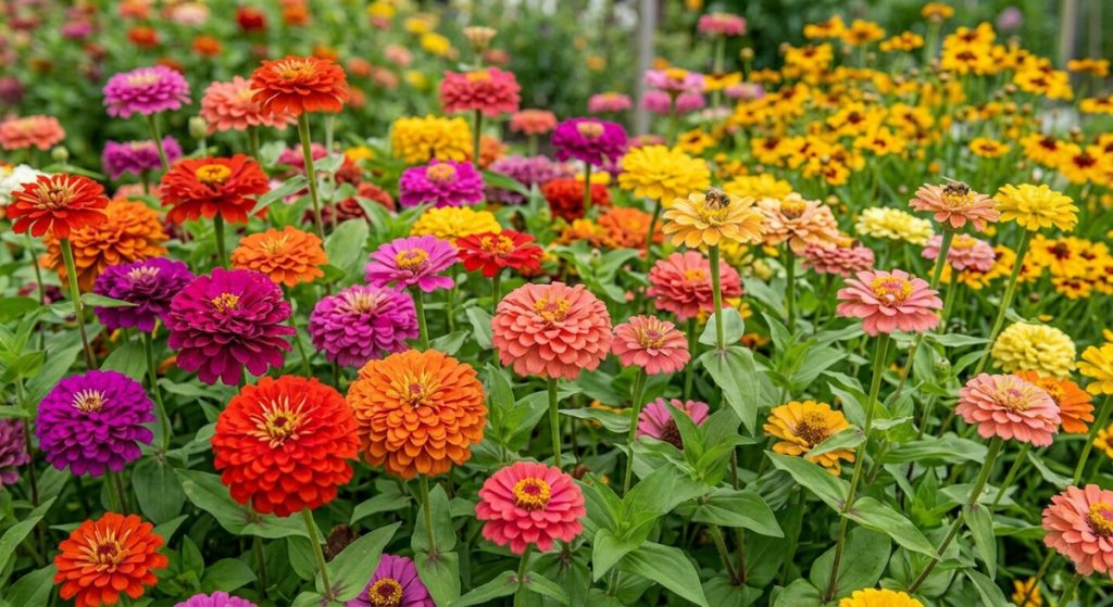 A vibrant, sunlit photograph of a sprawling zinnia garden, displaying a diverse and dense array of colors. The foreground features multi-layered blooms in rich magenta, deep red, bright orange, and soft peach, while the middle ground includes yellow and gold varieties. Countless zinnias of different heights rise on sturdy green stems with lush foliage. Two honeybees are clearly visible, actively visiting yellow and peach zinnias. The foreground is in sharp focus, capturing the intricate details of the petals, with the background softly blurring into a lush, colorful natural landscape under bright daylight.