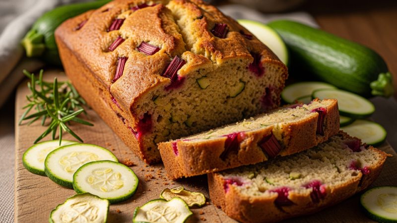 A golden-brown loaf of zucchini-rhubarb bread, sliced on a wooden board. It's surrounded by fresh zucchini slices, dehydrated zucchini chips, and a few stalks of rhubarb.