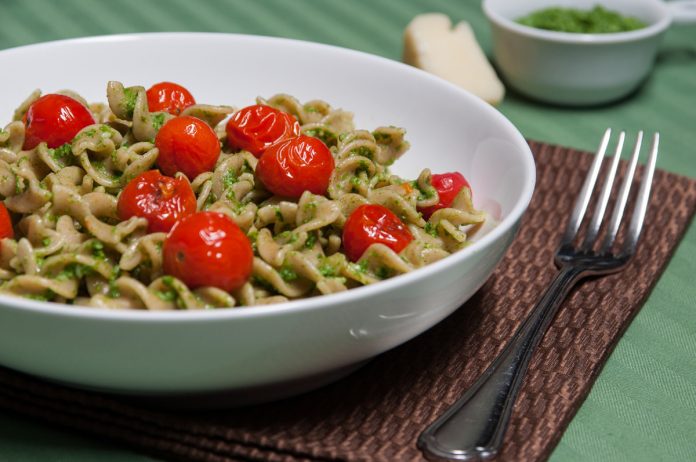 Fusilli with Broccoli Rabe Pesto and Burst Cherry Tomatoes