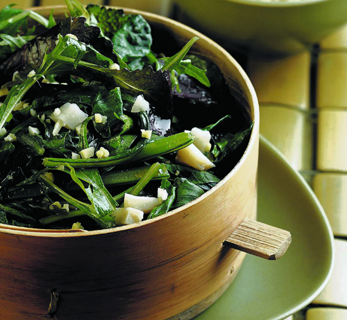 Steamed Greens with Ginger and Water Chestnuts