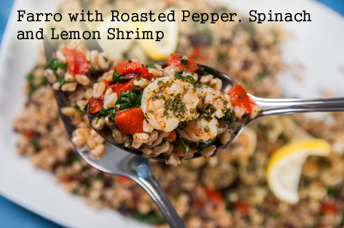 Farro with Roasted Pepper, Spinach and Lemon Shrimp