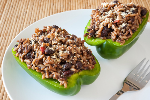 Green Peppers Stuffed with Rice, Beans and Feta