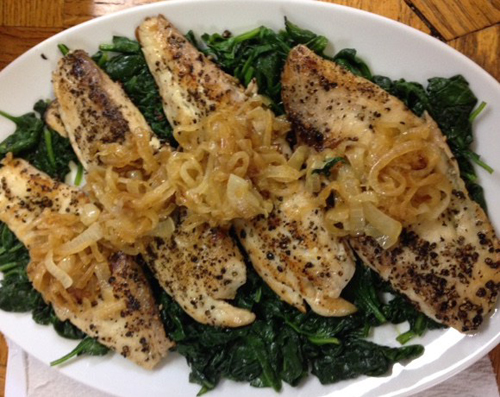 Peppered Tilapia with Caramelized Onions and Wilted Spinach