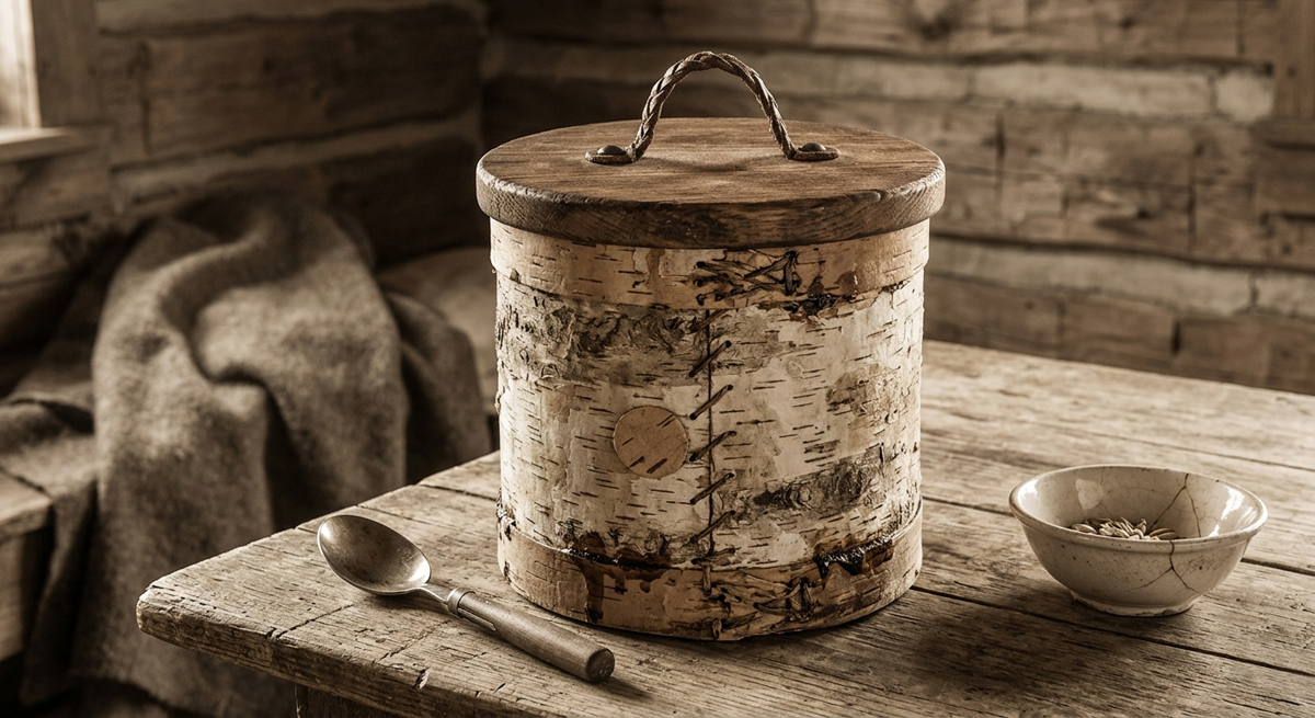 A rustic, circular birch bark canister sitting on a weathered wooden table inside a historic cabin setting. The canister features visible stitching along the side, a thick wooden lid with a cord handle, and authentic bark textures. Beside it sits an antique pewter spoon and a small ceramic bowl, all captured in a warm, sepia-toned heritage style.