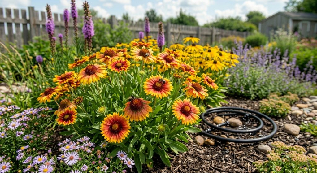 A close-up photograph of a vibrant summer garden featuring a large grouping of Blanket Flowers (Gaillardia) in the center. The flowers have distinctive red centers with yellow-tipped petals, and several bumblebees are seen pollinating them. To the left are small purple asters, and in the background, tall purple Liatris and yellow Black-eyed Susans are visible. The garden bed is covered in dark mulch with a coiled black drip irrigation hose and decorative river rocks on the right. A rustic wooden fence and garden shed are softly blurred in the background under a bright, sunny sky.
