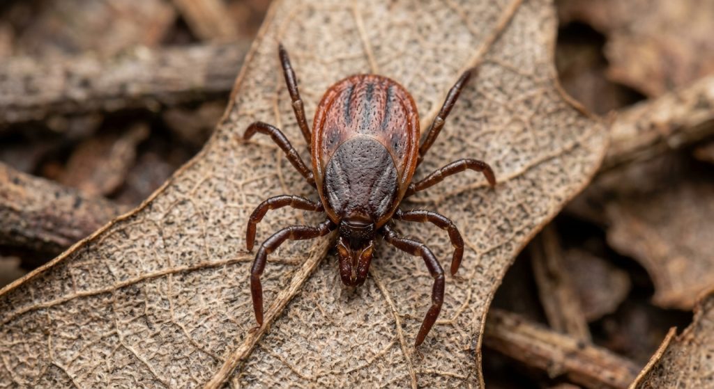 A close-up, high-detail photograph of a blacklegged tick (also known as a deer tick) crawling on a dried, brown leaf. The tick is an arachnid with a dark, reddish-brown teardrop-shaped body and eight distinct, dark brown legs. The head and body appear fused into one continuous segment, and its sensory organs are visible at the front. The background consists of a blurred forest floor with soil and leaf litter, emphasizing the tick's natural habitat.