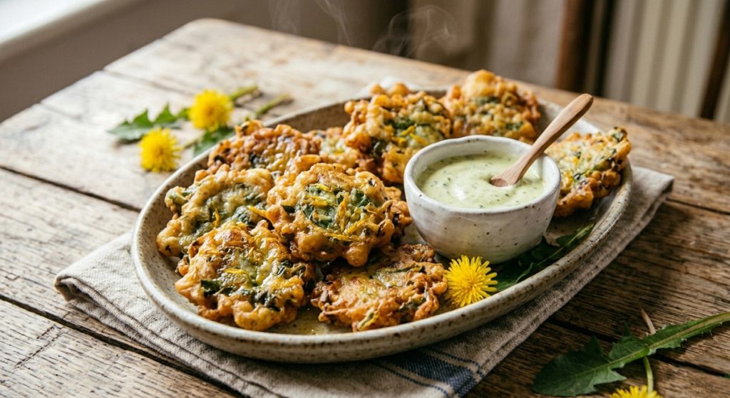 A platter of golden-brown, crispy dandelion fritters served on a rustic ceramic plate. The fritters are speckled with green herbs and bright yellow dandelion petals, with visible steam rising from them. Beside the fritters sits a small white bowl of creamy herb dipping sauce with a wooden spoon. The plate rests on a blue-striped linen napkin over a weathered wooden farmhouse table, accented with fresh dandelion blossoms and leaves.