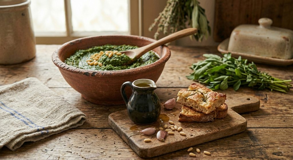 A thick, textured dandelion pesto served in a rustic terracotta bowl on a weathered wooden farmhouse table. The green pesto is topped with pine nuts and a wooden spoon rests inside. In the foreground, a small wooden board holds slices of toasted focaccia, garlic cloves, and a tiny ceramic pitcher of olive oil. The background shows a soft-focus farmhouse kitchen with a sunlit window and dried herbs.