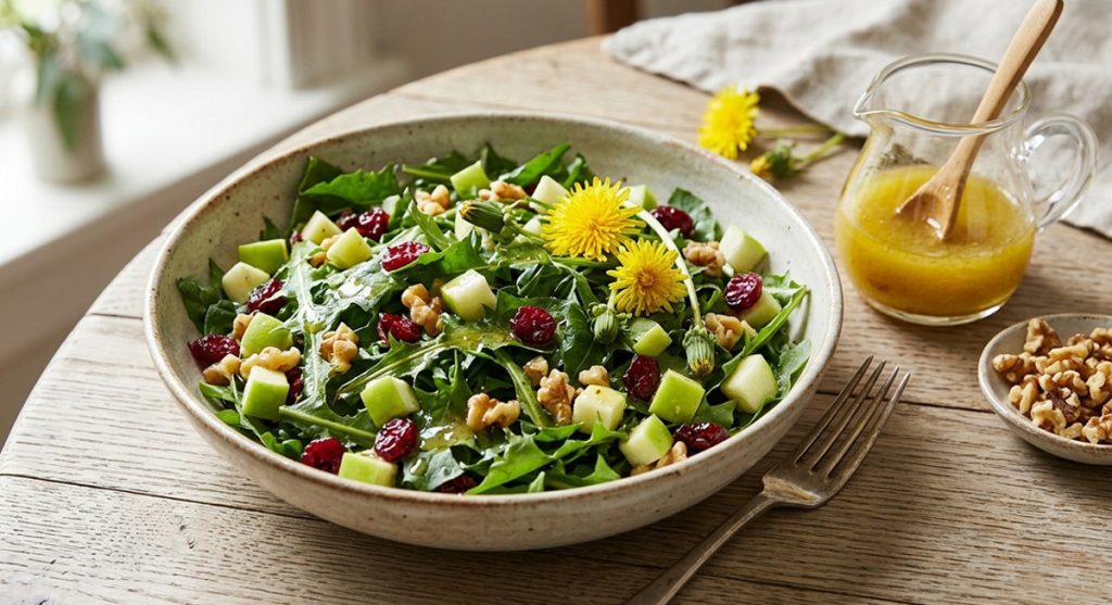 A fresh salad in a ceramic bowl featuring green dandelion leaves, chopped green apples, dried cranberries, and walnuts. The bowl is on a rustic wood table next to a small pitcher of yellow dressing and a fork in a sunlit room.