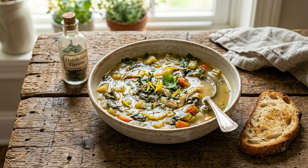 A steaming bowl of hearty dandelion and chicken soup served in a rustic, handmade ceramic bowl on a dark, weathered harvest table. The soup is filled with tender dandelion greens, chunks of golden chicken, carrots, and potatoes in a savory, matte broth garnished with yellow dandelion petals. To the left sits a small glass corked jar labeled "Dandelion Greens," and to the right, a thick, toasted slice of crusty farmhouse bread. The scene is set in a sunlit kitchen with a soft-focus window and potted herbs in the background.