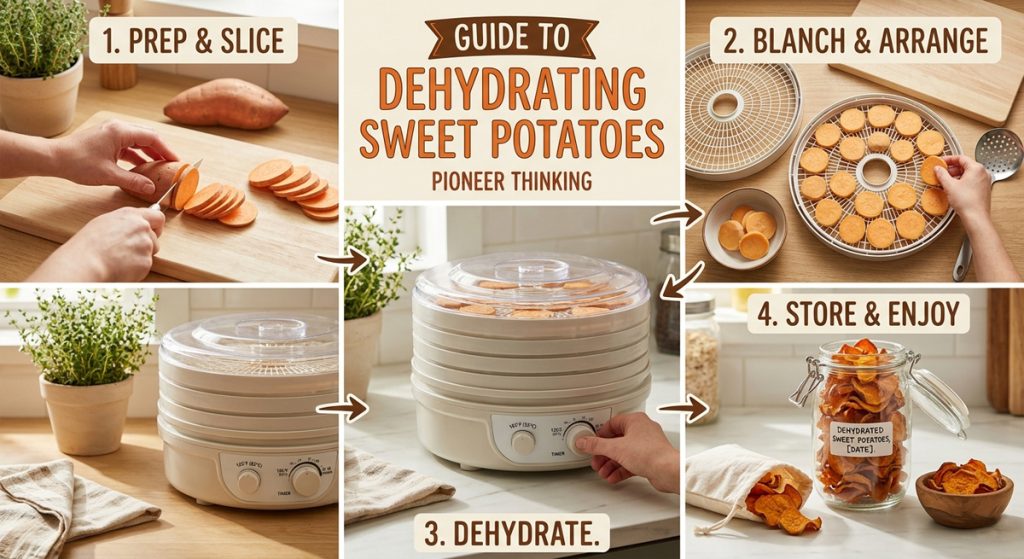A four-step instructional collage showing how to dehydrate sweet potatoes: slicing raw potatoes, arranging blanched slices on a tray, using a circular dehydrator, and storing the finished chips in a glass jar.