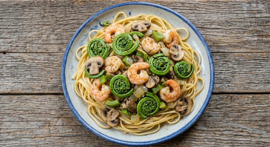 This image features a top-down, bird's-eye view of a finished Fiddleheads with Shrimp dish.

The meal is served on a rustic blue-rimmed ceramic plate resting on a weathered wooden table. At the base is a bed of linguine pasta, topped with bright green, coiled fiddlehead ferns, succulent pink shrimp, sliced brown mushrooms, and diced green peppers. The dish is lightly seasoned with herbs and appears fresh and steaming.