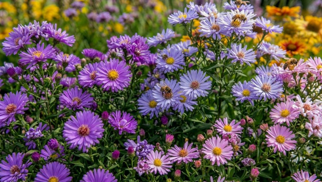 An eye-level medium photograph looking down upon a sprawling cluster of blue, pink, and yellow wild asters. From left to right, deep, magenta-purple asters with small yellow centers give way to periwinkle-blue and lavender-pink asters, with white and pale-pink blooms and yellow coreopsis in the right background. At least five honeybees hover or sit on the various blooms, particularly on the blue-purple asters in the upper middle. The image has soft, natural daylight.