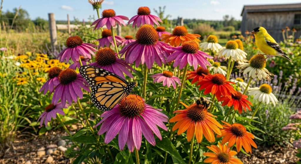 A close-up image of a vibrant summer garden filled with multi-colored coneflowers (Echinacea) in full bloom. The flowers feature prominent, prickly orange centers and petals in shades of bright purple, orange, and white. A Monarch butterfly with orange and black wings is perched on a purple blossom, while a fuzzy bumblebee visits an orange flower nearby. On the right side, a bright yellow goldfinch is perched on a white coneflower. The background shows a soft-focus view of a sunlit garden, green foliage, and a rustic wooden shed under a clear blue sky.