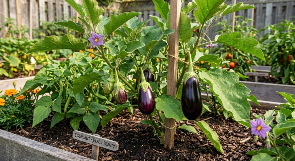 A robust 'Black Beauty' eggplant plant thrives in a raised garden bed, its sturdy branches laden with both deep purple, glossy, ready-to-harvest fruit and smaller, developing ones. The plant features large, vibrant green leaves and multiple characteristic small purple flowers. It is carefully supported by a single wooden stake and twine. Near its base, a weathered wooden marker clearly labels the variety as 'EGGPLANT - BLACK BEAUTY'. The rich, dark soil is visible, with hints of yellow marigolds and green bean plants blurred in the sun-dappled background, all contained within a rustic wooden garden frame.