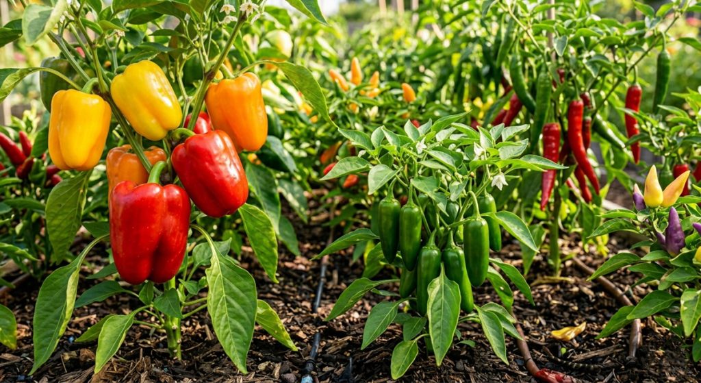 An image of a vibrant vegetable garden featuring several pepper plants in a wooden raised bed under bright sunlight. In the foreground, a bell pepper plant is loaded with large red, yellow, and orange peppers. Next to it, a smaller plant is filled with upright, green jalapeños. In the background, other varieties, including long red chili peppers and small purple ornamental peppers, are visible among lush green leaves. The dark, rich soil is visible at the base of the plants.